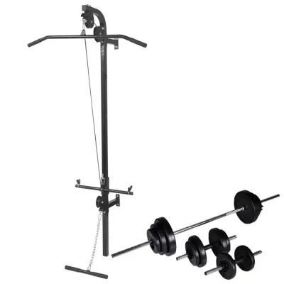 vidaXL Väggmonterat power tower med skivstång och hantlar 30,5 kg